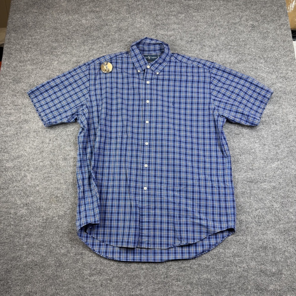 Ralph Lauren Blake Button-Down Short Sleeve Shirt Men Blue Plaid Classic - Large